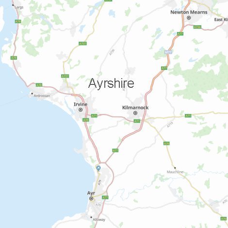 Map of Ayrshire showing area within which Window Advice Centre can provide Double Glazing window replacements