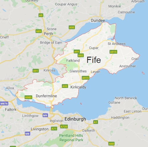 Map of Fife showing area within which Window Advice Centre can provide Double Glazing window replacements